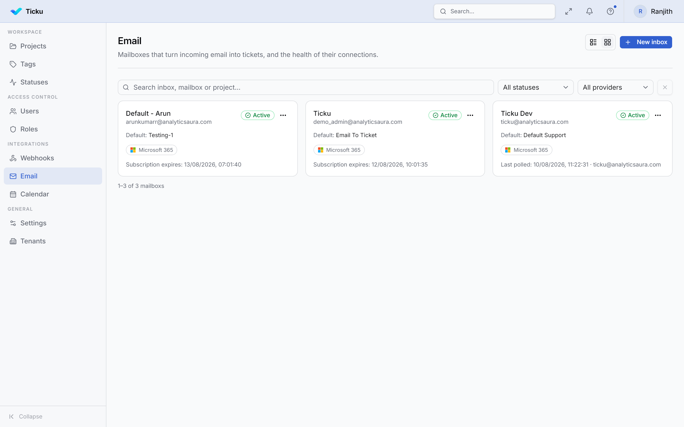 The Email admin page