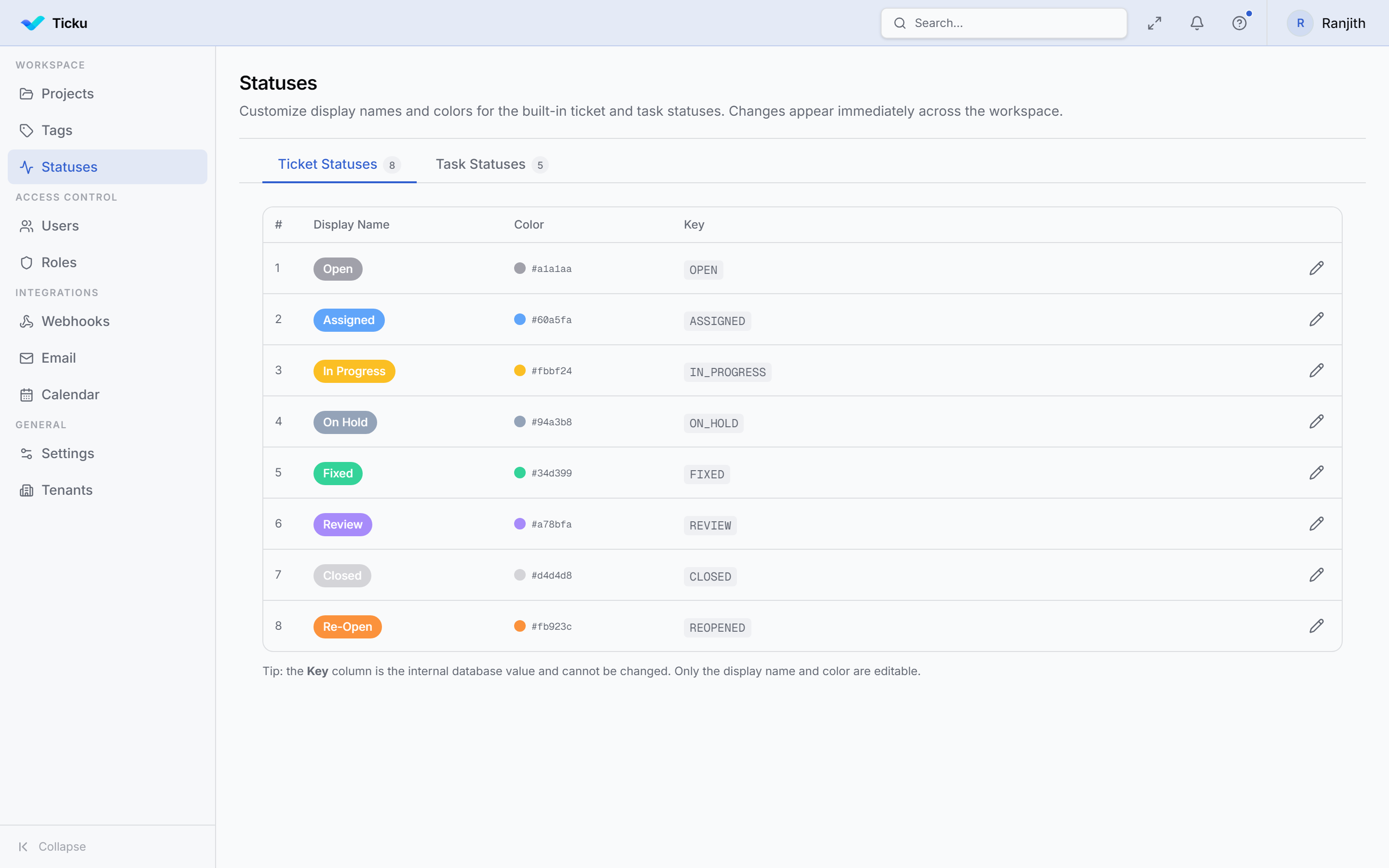 The Statuses admin page