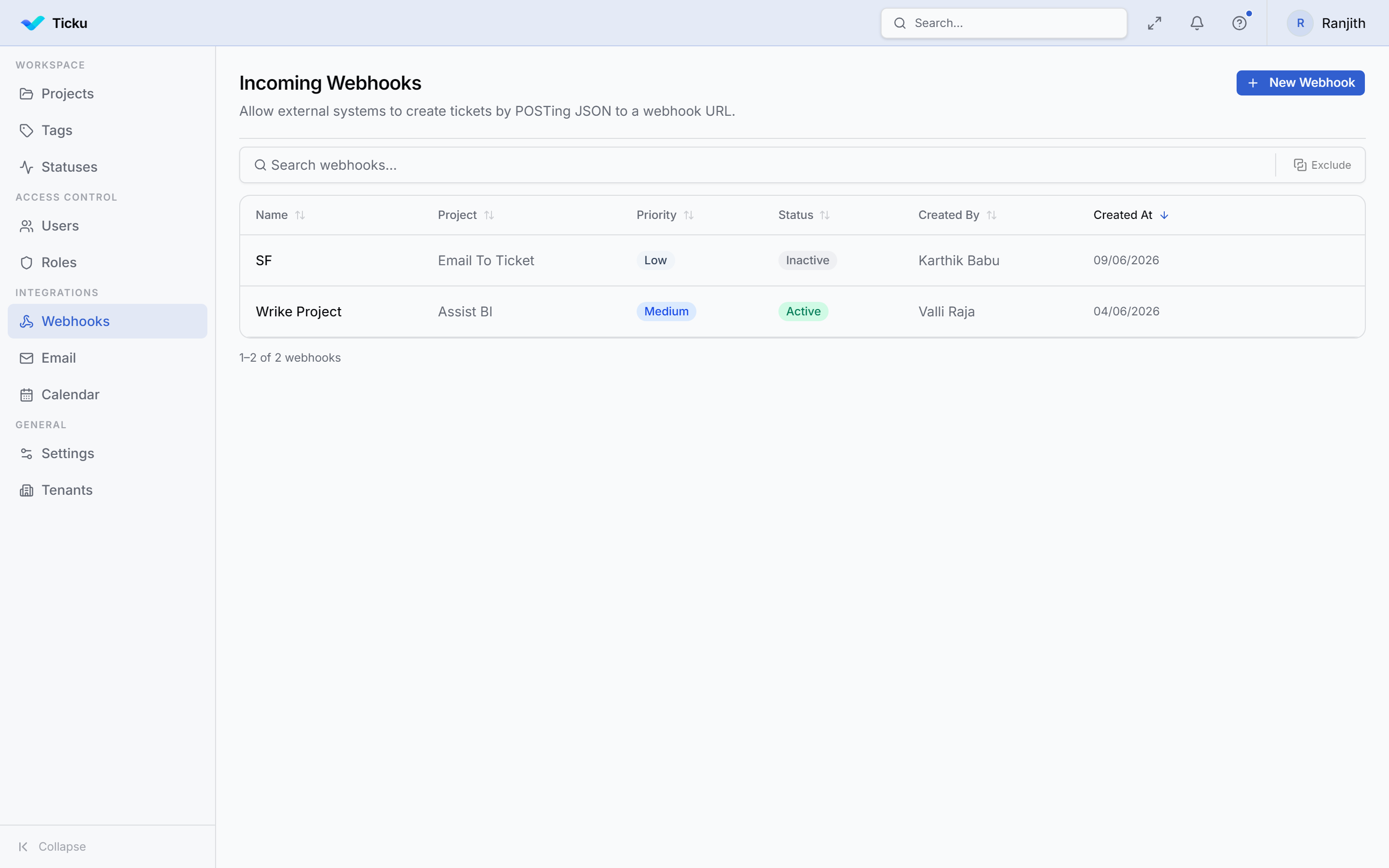 The Incoming Webhooks admin page