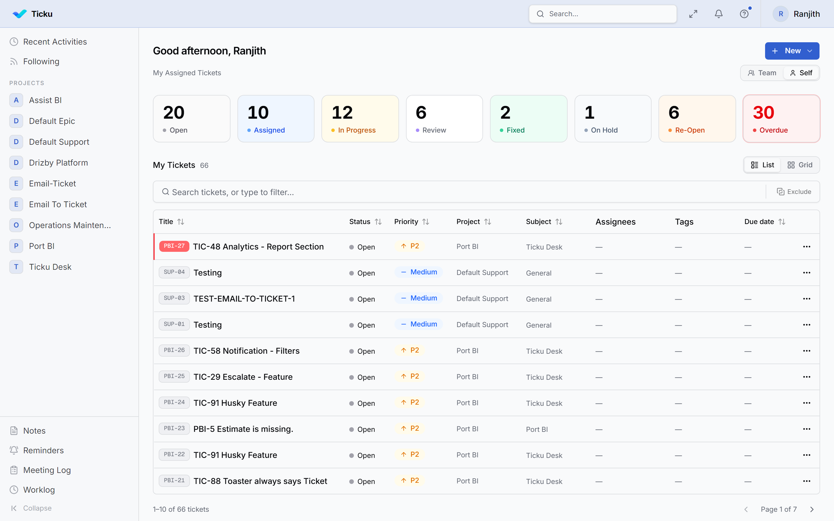 The Ticku dashboard
