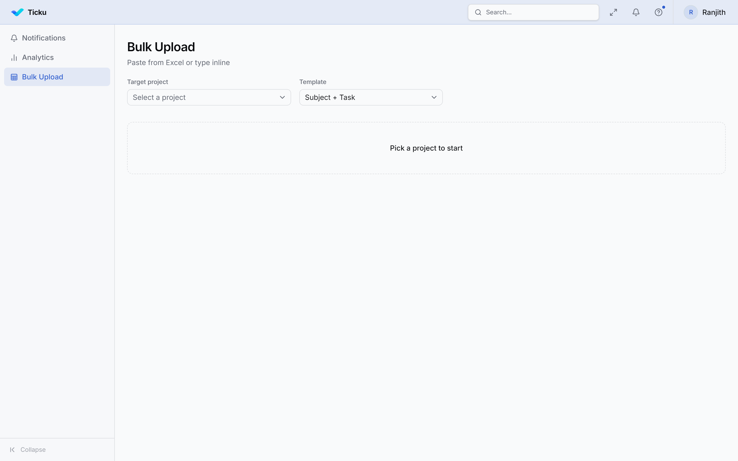 The Bulk Upload grid, before a project is chosen